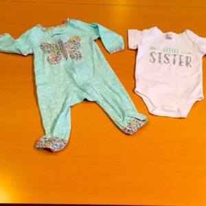 Bundle of Onesies: Butterfly Long-Sleeves, “Little Sister” Glitter Short-Sleeves